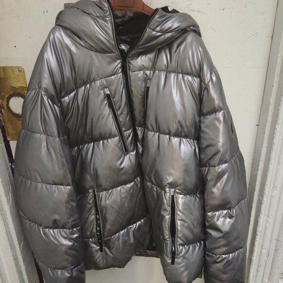 SILVER Michael Kors Ciré Shine Hooded Puffer Coat Jacket - Picture 1 of 8